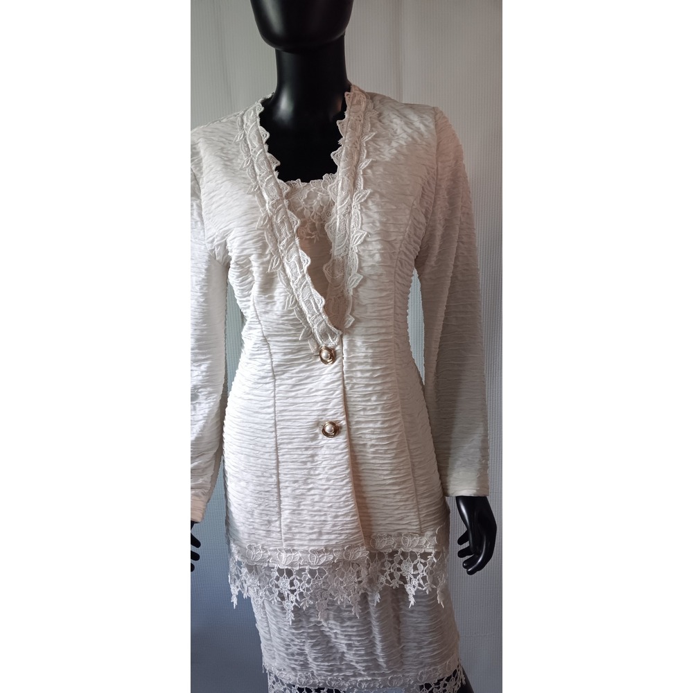 Vintage Jeffrey & Dana Linda Hutley Off White Lace Trim Jacket Skirt Set sz 9/10 - Picture 5 of 6